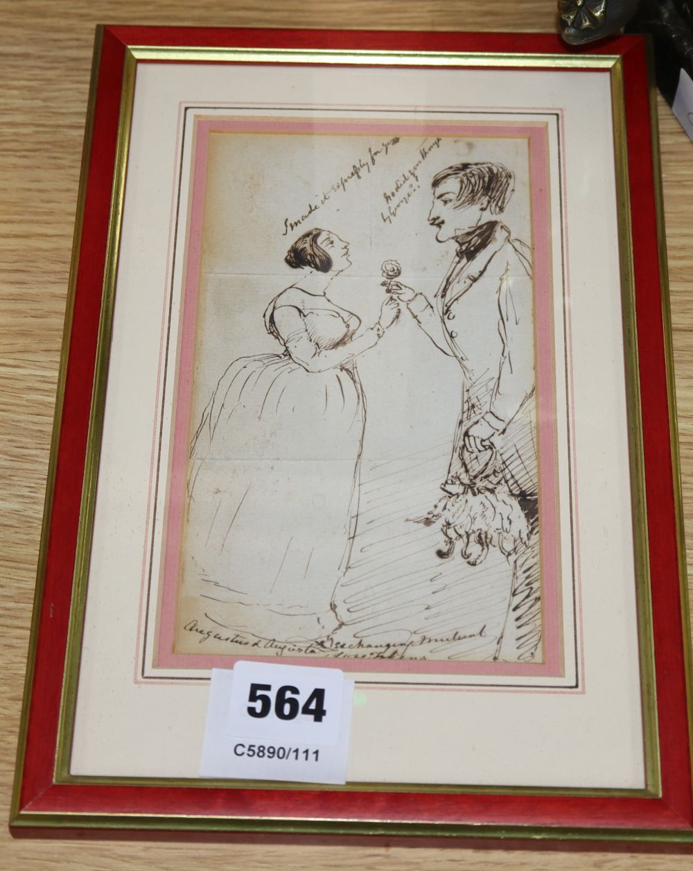 Victorian School, pen and ink, Augustus and Augusta exchanging mutual love tokens, 1843, inscribed, 18 x 10.5cm